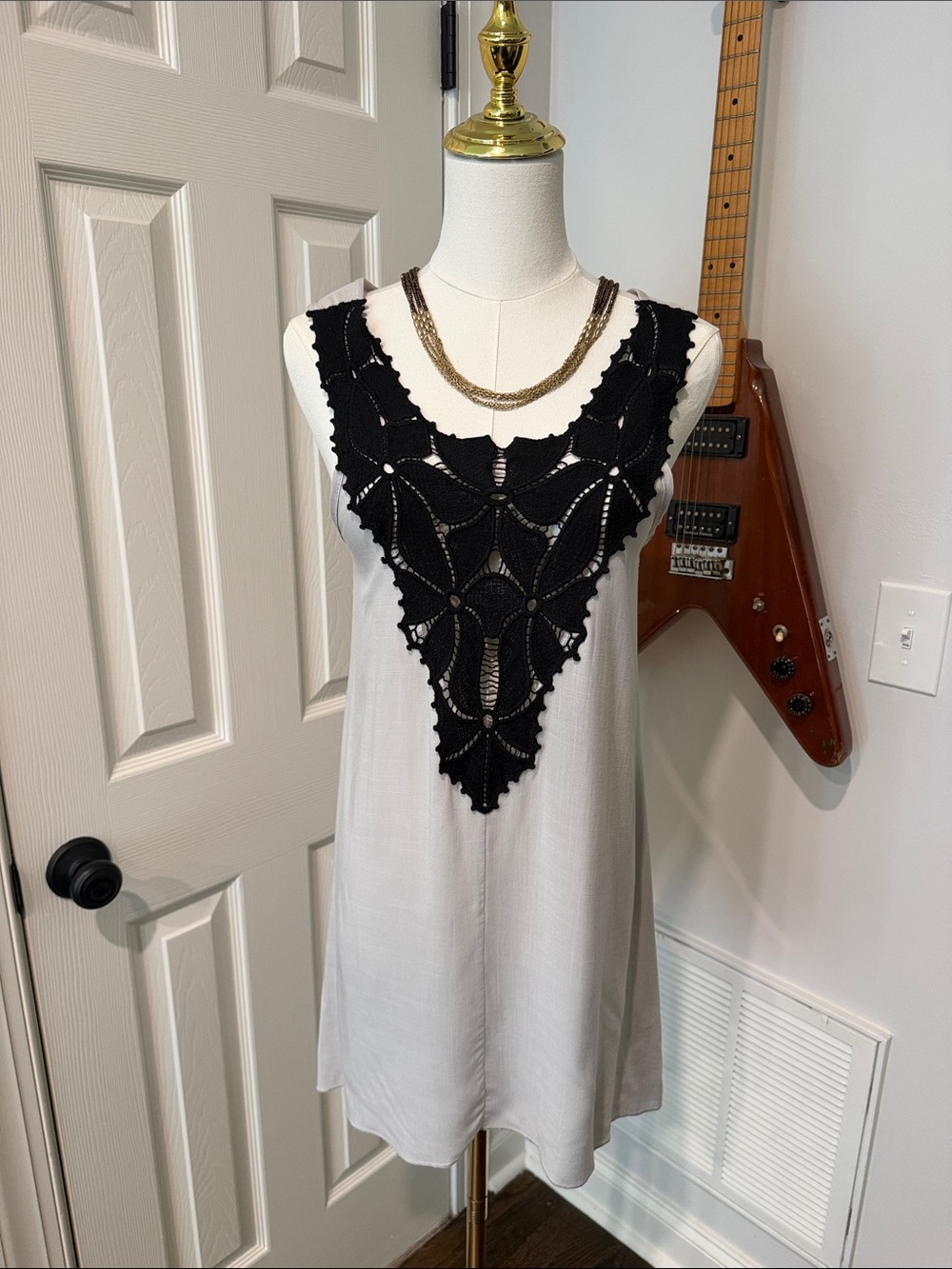 Final Touch Grey/Silver Tank with Black Crochet V-Panel